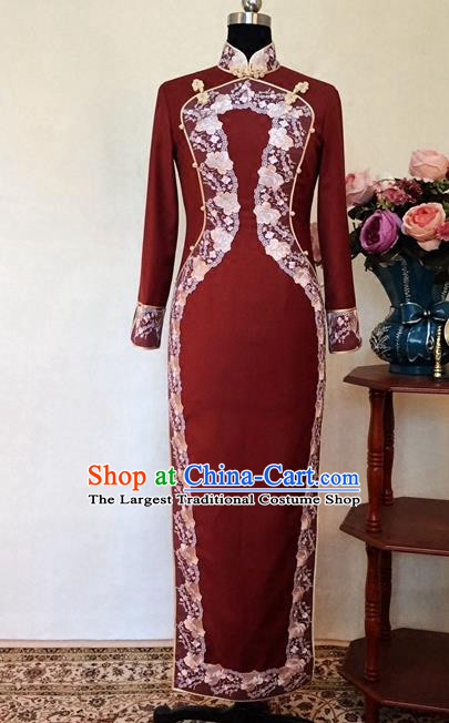 Chinese Traditional Customized Rust Red Cheongsam National Costume Classical Qipao Dress for Women