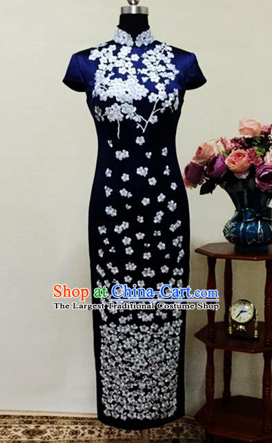 Chinese Traditional Customized Embroidered Navy Cheongsam National Costume Classical Qipao Dress for Women