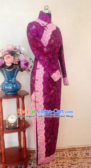 Chinese Traditional Customized Rosy Lace Cheongsam National Costume Classical Qipao Dress for Women
