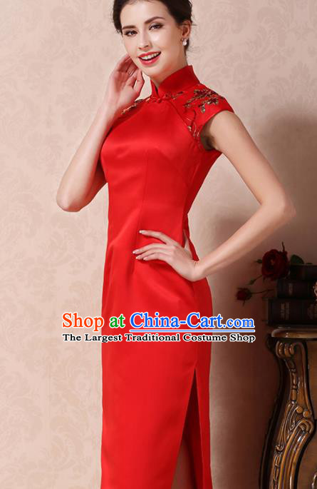 Chinese Traditional Customized Red Silk Cheongsam National Costume Classical Qipao Dress for Women