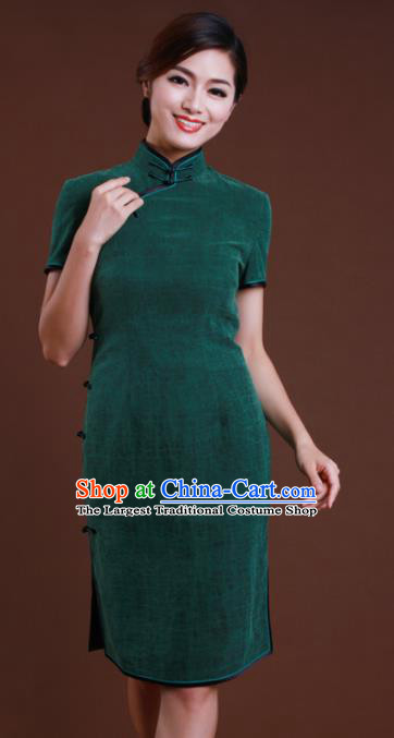 Chinese Traditional Customized Atrovirens Cheongsam National Costume Classical Qipao Dress for Women