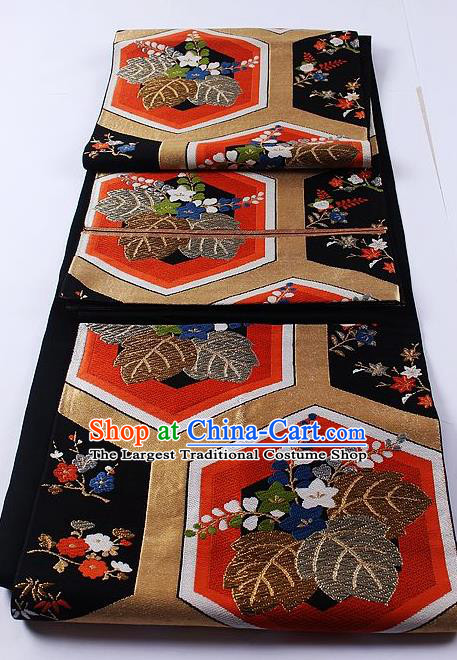 Traditional Japanese Classical Plum Blossom Pattern Black Waistband Kimono Brocade Accessories Yukata Belt for Women