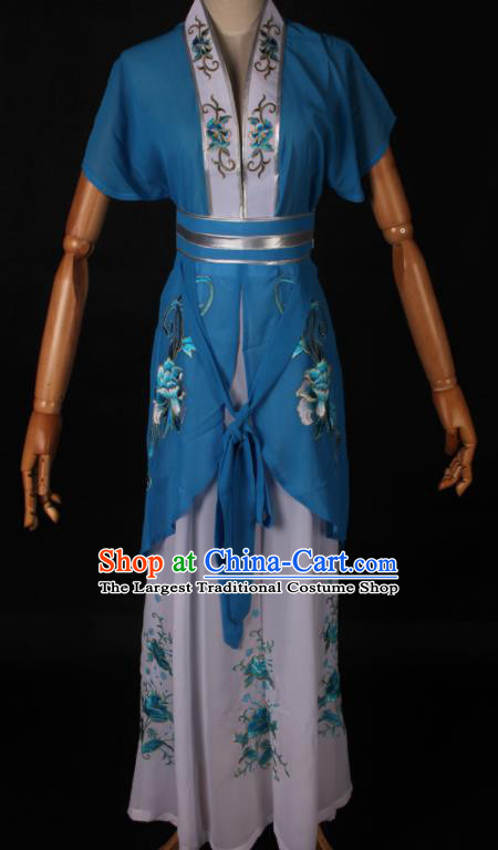 Traditional Chinese Shaoxing Opera Maidservant Blue Dress Ancient Peking Opera Poor Lady Costume for Women