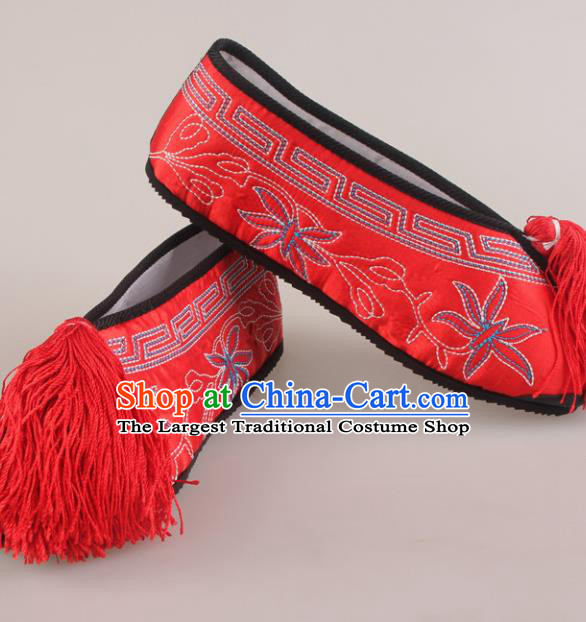 Traditional Chinese Beijing Opera Diva Red Embroidered Shoes Handmade Ancient Princess Blood Stained Shoes for Women