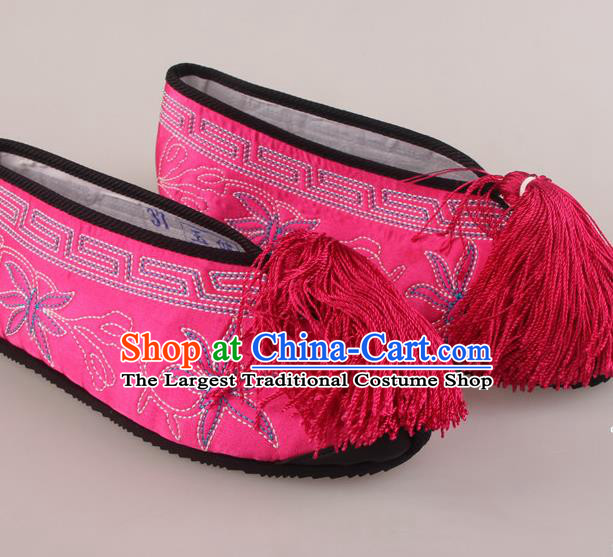 Traditional Chinese Beijing Opera Diva Rosy Embroidered Shoes Handmade Ancient Princess Blood Stained Shoes for Women
