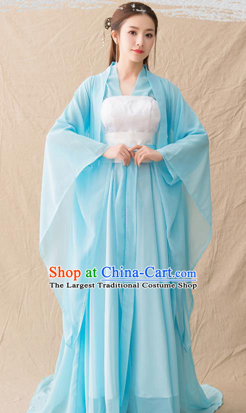 Chinese Ancient Drama Goddess Princess Blue Hanfu Dress Traditional Han Dynasty Imperial Consort Replica Costumes for Women