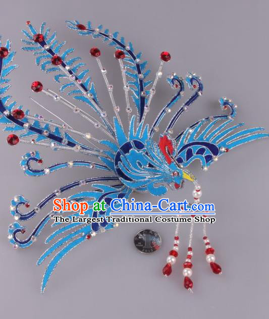 Traditional Chinese Shaoxing Opera Blue Phoenix Hairpins Ancient Princess Hair Accessories Headwear for Women