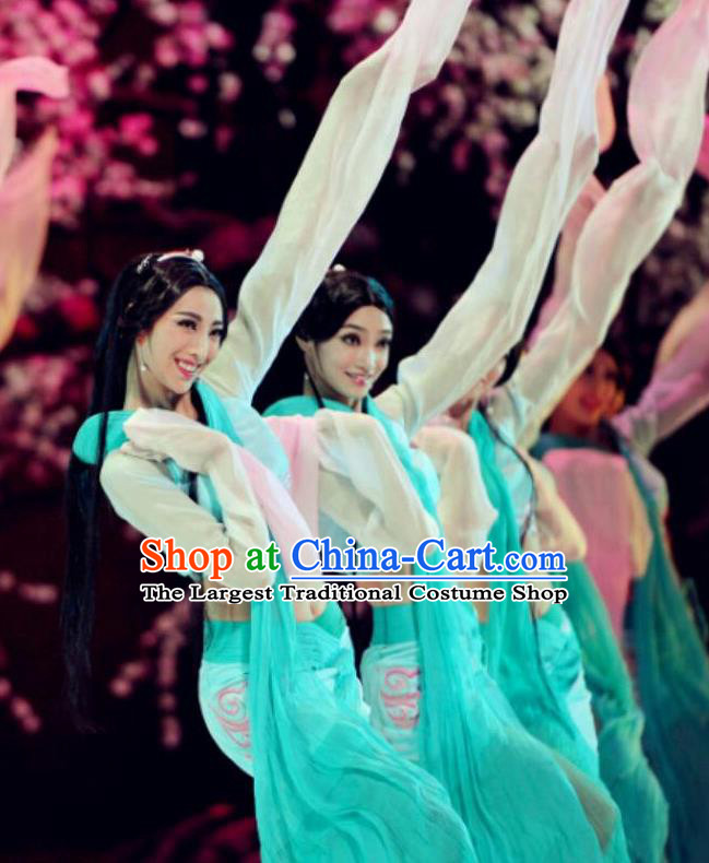 Traditional Chinese Classical Dance Cai Wei Costume Group Dance Water Sleeve Green Dress for Women