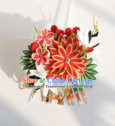 Japanese Geisha Kimono Red Chrysanthemum Crane Tassel Hairpins Traditional Hair Accessories for Women