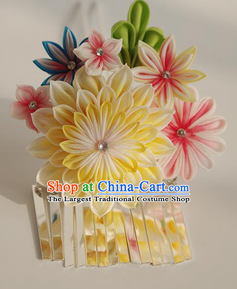 Japanese Geisha Kimono Yellow Chrysanthemum Tassel Hairpins Traditional Hair Accessories for Women