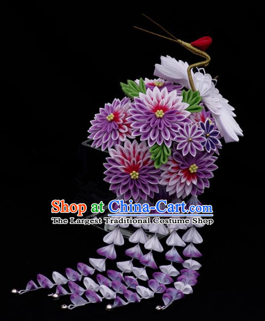 Japanese Geisha Kimono Purple Wisteria Crane Tassel Hairpins Traditional Yamato Hair Accessories for Women