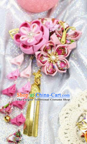 Japanese Geisha Kimono Pink Sakura Bells Tassel Hair Claw Hairpins Traditional Yamato Hair Accessories for Women