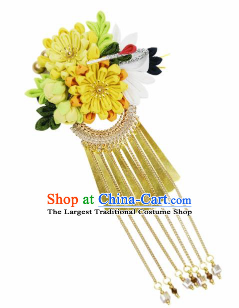 Japanese Geisha Oiran Kimono Chrysanthemum Crane Tassel Hair Claw Hairpins Traditional Yamato Hair Accessories for Women