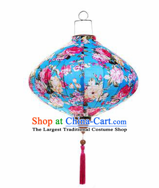 Chinese Traditional Blue Silk Hanging Lantern New Year Handmade Painting Peony Palace Lanterns