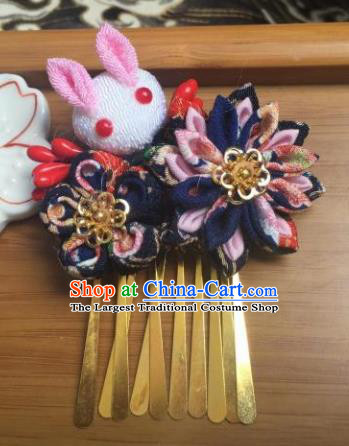 Japanese Geisha Courtesan Kimono Navy Sakura Rabbit Hair Claw Hairpins Traditional Yamato Hair Accessories for Women