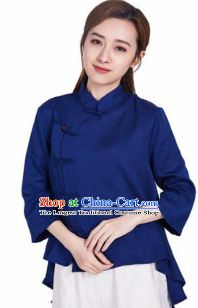Chinese Traditional Martial Arts Navy Slant Opening Blouse Tai Chi Competition Shirt Costume for Women