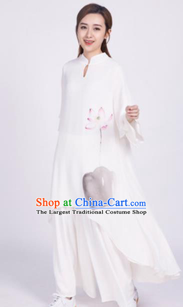 Chinese Traditional Tang Suit Martial Arts Ink Painting Lotus White Blouse Tai Chi Competition Costume for Women