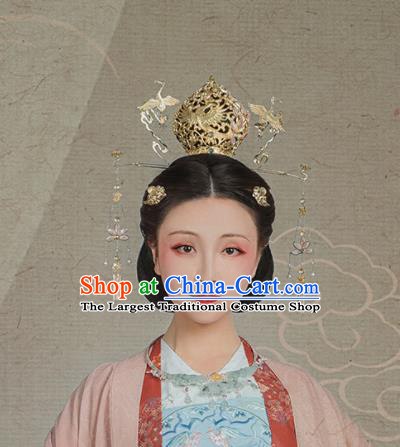 Chinese Ancient Tang Dynasty Queen Golden Phoenix Coronet Hairpins Traditional Hanfu Hair Accessories Complete Set for Women