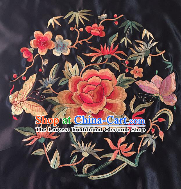 Chinese Handmade Embroidered Peony Plum Silk Fabric Patch Traditional Embroidery Craft