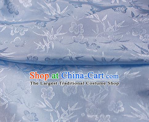 Traditional Chinese Royal Bamboo Plum Pattern Design Blue Brocade Silk Fabric Asian Satin Material