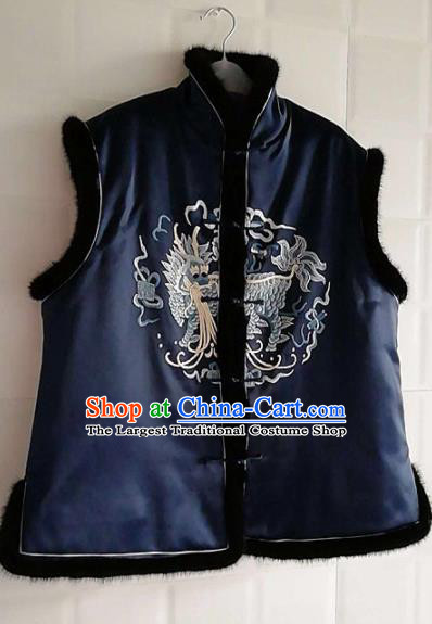 Chinese Traditional Tang Suit Embroidered Kylin Navy Vest National Costume Qipao Shirt for Women