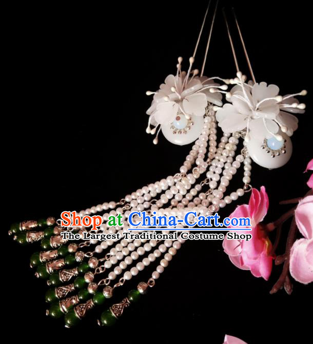 Chinese Ancient Hanfu White Beads Tassel Hairpins Traditional Handmade Hair Accessories for Women