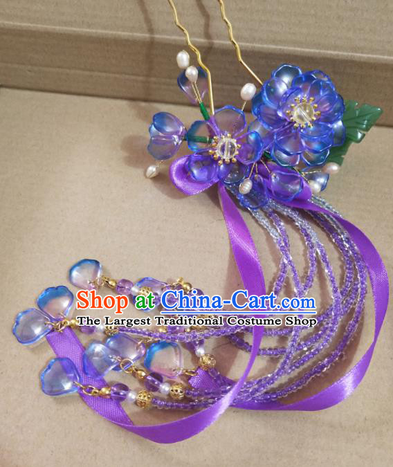 Chinese Ancient Hanfu Purple Flower Ribbon Tassel Hairpins Traditional Handmade Hair Accessories for Women