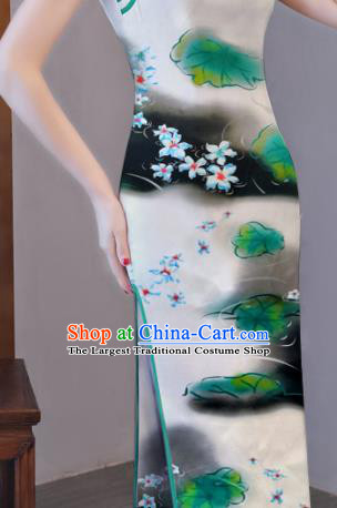 Chinese Traditional Lotus Leaf Pattern Design Cheongsam White Satin Brocade Fabric Asian Silk Material