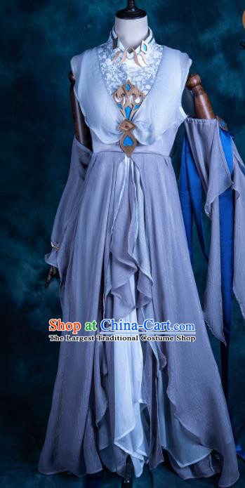 Chinese Ancient Cosplay Heroine Female Knight Blue Dress Traditional Hanfu Swordsman Costume for Women
