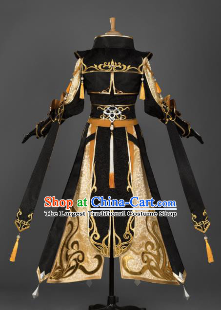 Chinese Ancient Drama Cosplay Young General Knight Black Clothing Traditional Hanfu Swordsman Costume for Men