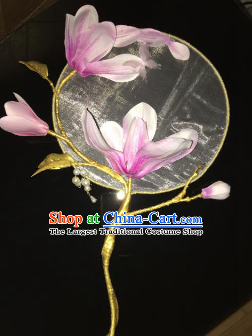 Chinese Ancient Cosplay Hanfu Palace Fan Traditional Handmade Yulan Magnolia Round Fans for Women