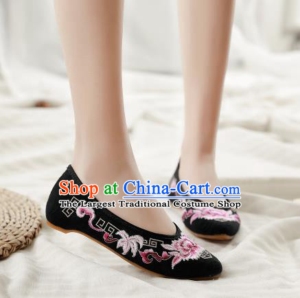 Asian Chinese Classical Dance Embroidered Peony Black Shoes Traditional Hanfu Shoes National Cloth Shoes for Women