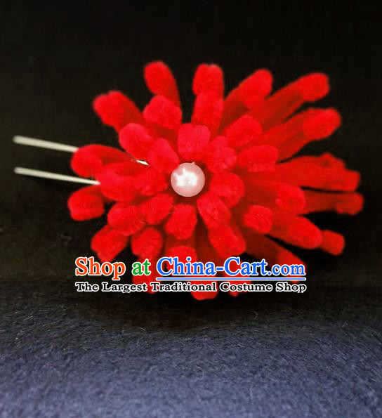 Chinese Ancient Qing Dynasty Court Red Velvet Chrysanthemum Hairpins Traditional Hanfu Handmade Hair Accessories for Women