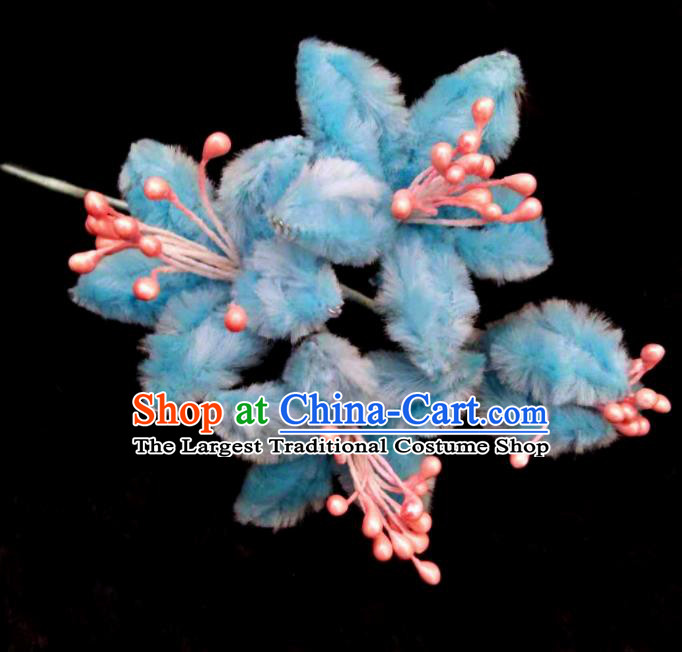 Chinese Handmade Qing Dynasty Court Blue Velvet Campsis Hairpins Traditional Ancient Hanfu Hair Accessories for Women