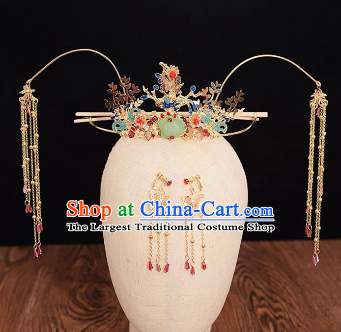 Chinese Ancient Bride Cloisonne Phoenix Coronet Tassel Hairpins Traditional Hanfu Wedding Hair Accessories for Women