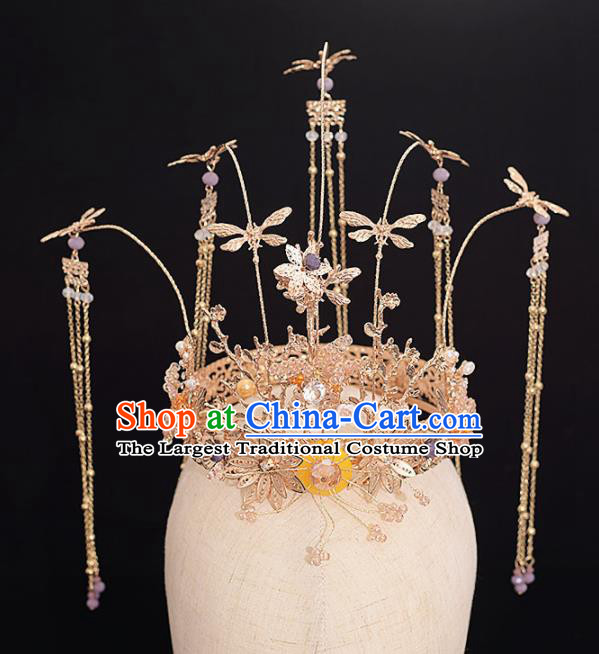 Chinese Ancient Bride Golden Dragonfly Phoenix Coronet Tassel Hairpins Traditional Hanfu Wedding Hair Accessories for Women