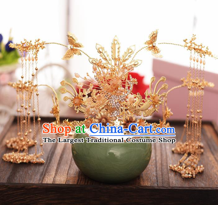 Chinese Ancient Bride Golden Tassel Phoenix Coronet Hairpins Traditional Hanfu Wedding Hair Accessories for Women