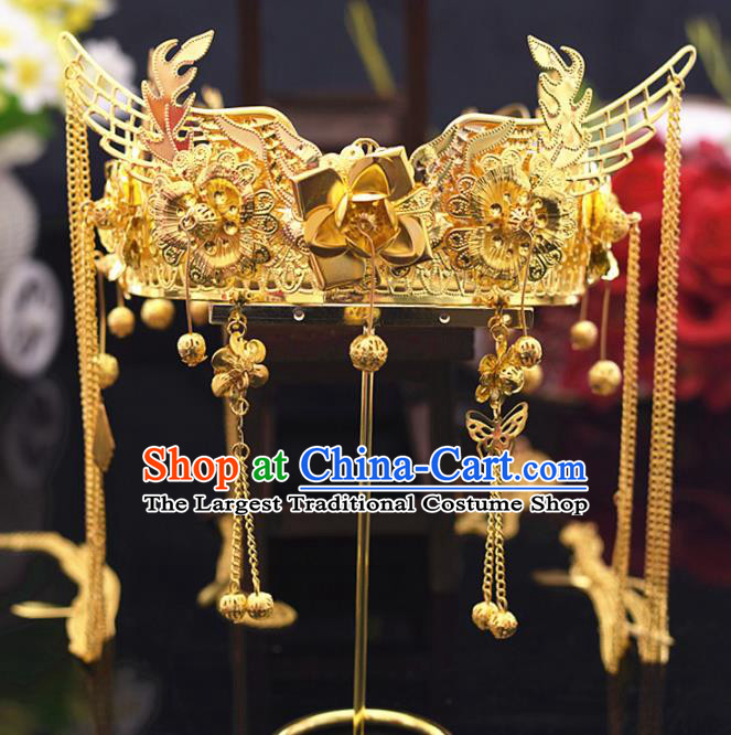 Chinese Ancient Bride Golden Flowers Phoenix Coronet Tassel Hairpins Traditional Hanfu Wedding Hair Accessories for Women