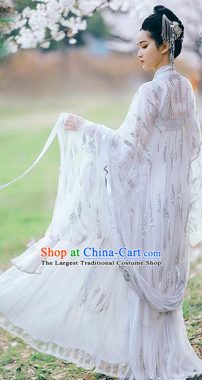 Traditional Chinese Tang Dynasty Imperial Consort White Hanfu Dress Ancient Flower Goddess Replica Costumes for Women