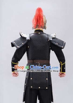 Traditional Chinese Han Dynasty Warrior Black Helmet and Armour Ancient Drama General Costumes for Men