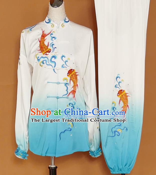 Chinese Traditional Best Martial Arts Embroidered Carp Blue Costume Kung Fu Competition Tai Chi Clothing for Women