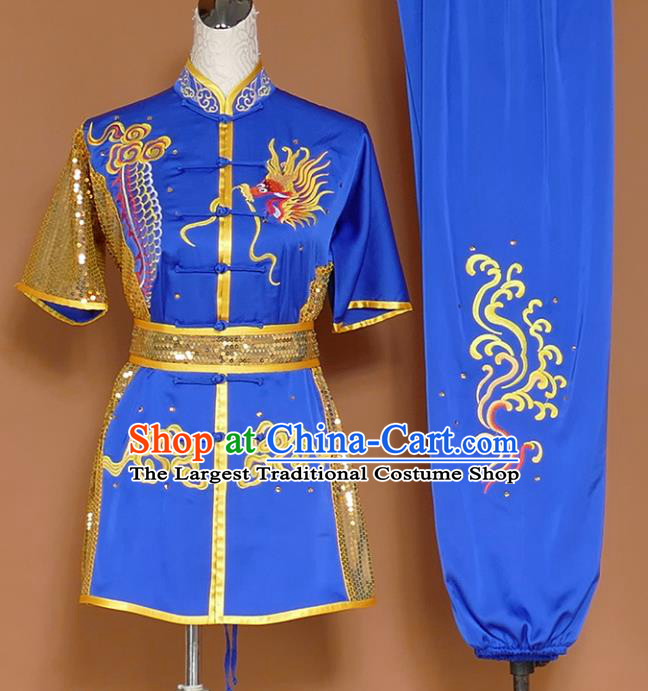 Royalblue Best Martial Arts Competition Embroidered Dragon Uniforms Chinese Traditional Kung Fu Tai Chi Training Costume for Men
