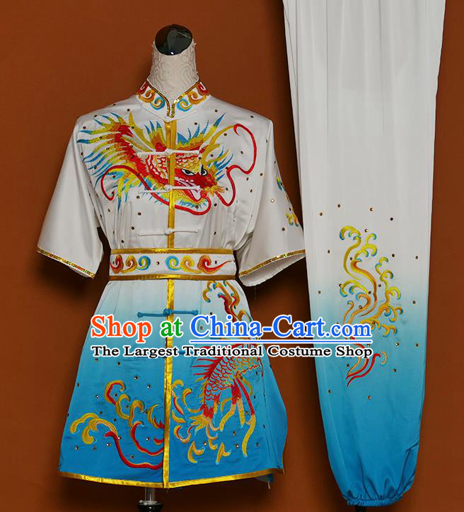 Chinese Martial Arts Competition Embroidered Dragon Blue Uniforms Traditional Kung Fu Tai Chi Training Costume for Men
