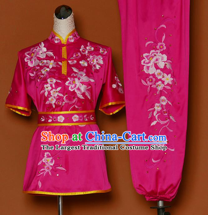 Chinese Professional Martial Arts Embroidered Peony Rosy Costume Traditional Kung Fu Competition Tai Chi Clothing for Women