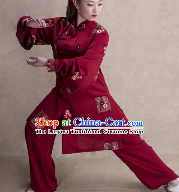 Chinese Traditional Martial Arts Wine Red Costume Kung Fu Tai Chi Training Clothing for Women