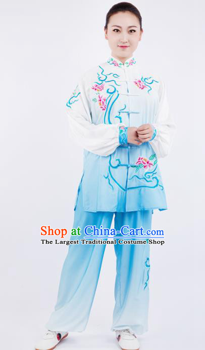 Chinese Traditional Martial Arts Competition Embroidered Peony Blue Costume Kung Fu Tai Chi Training Clothing for Women
