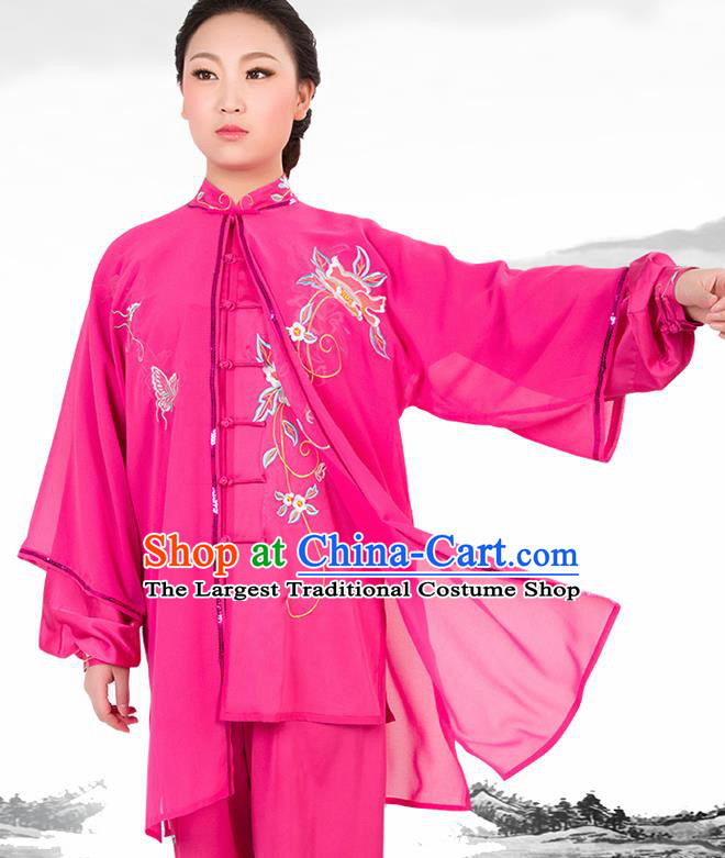Chinese Traditional Martial Arts Embroidered Peony Rosy Costume Best Kung Fu Competition Tai Chi Training Clothing for Women