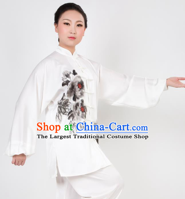 Chinese Traditional Martial Arts Ink Painting Peony Costume Best Kung Fu Competition Tai Chi Training Clothing for Women