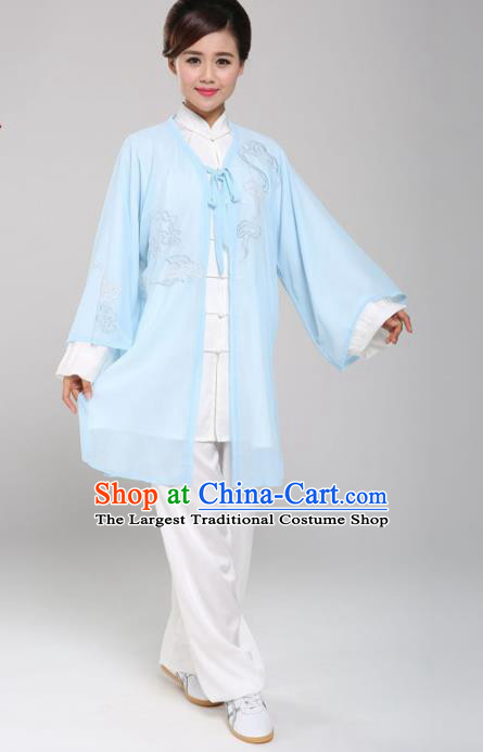 Professional Chinese Martial Arts Blue Silk Cloak Costume Traditional Kung Fu Competition Tai Chi Clothing for Women