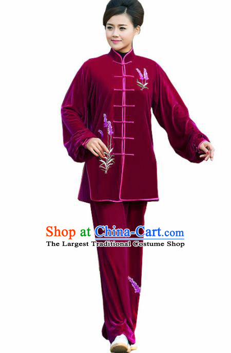 Professional Martial Arts Competition Embroidered Lavender Wine Red Costume Chinese Traditional Kung Fu Tai Chi Clothing for Women